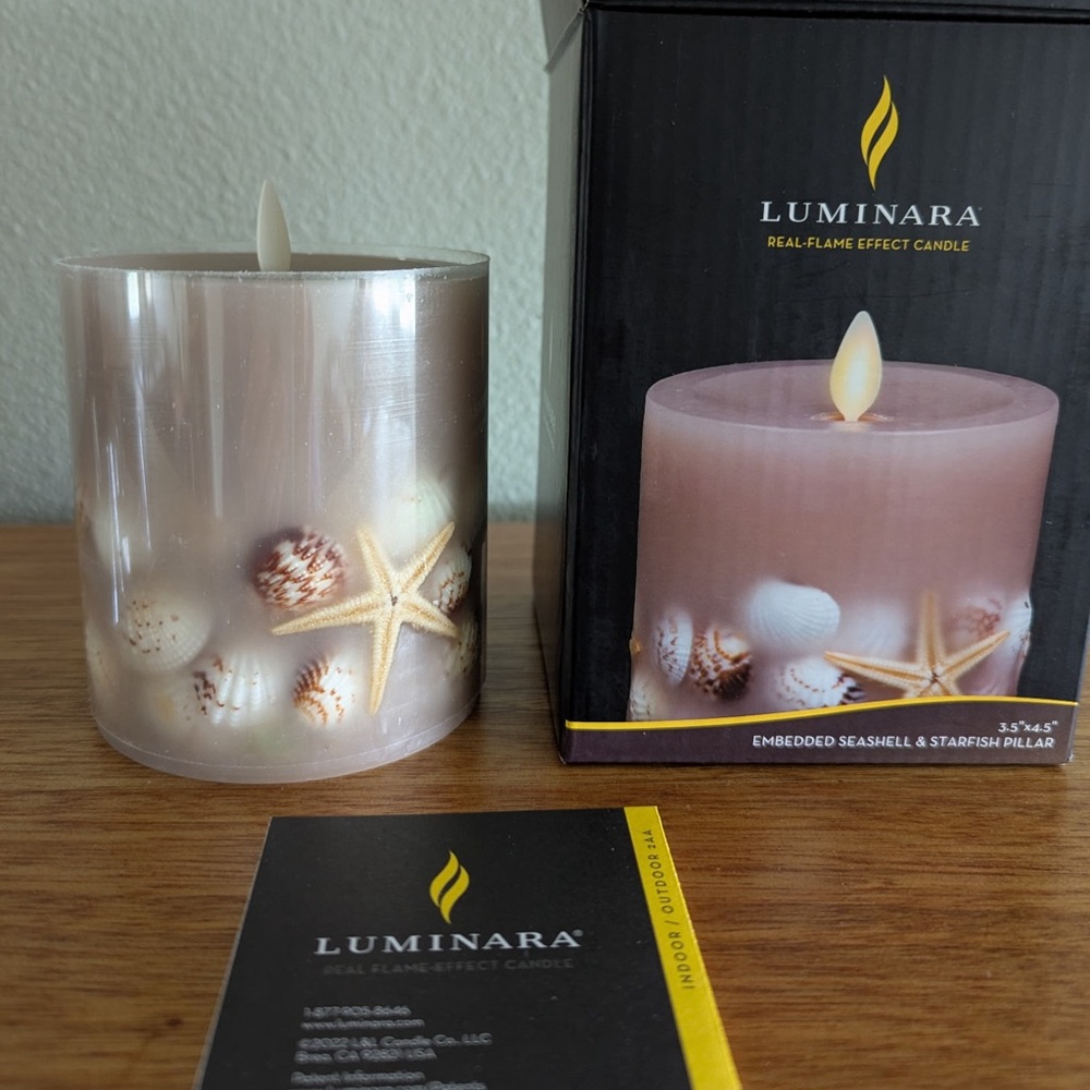 NIB Luminara Embedded Shell Pillar “Real-Flame Effect” Candle